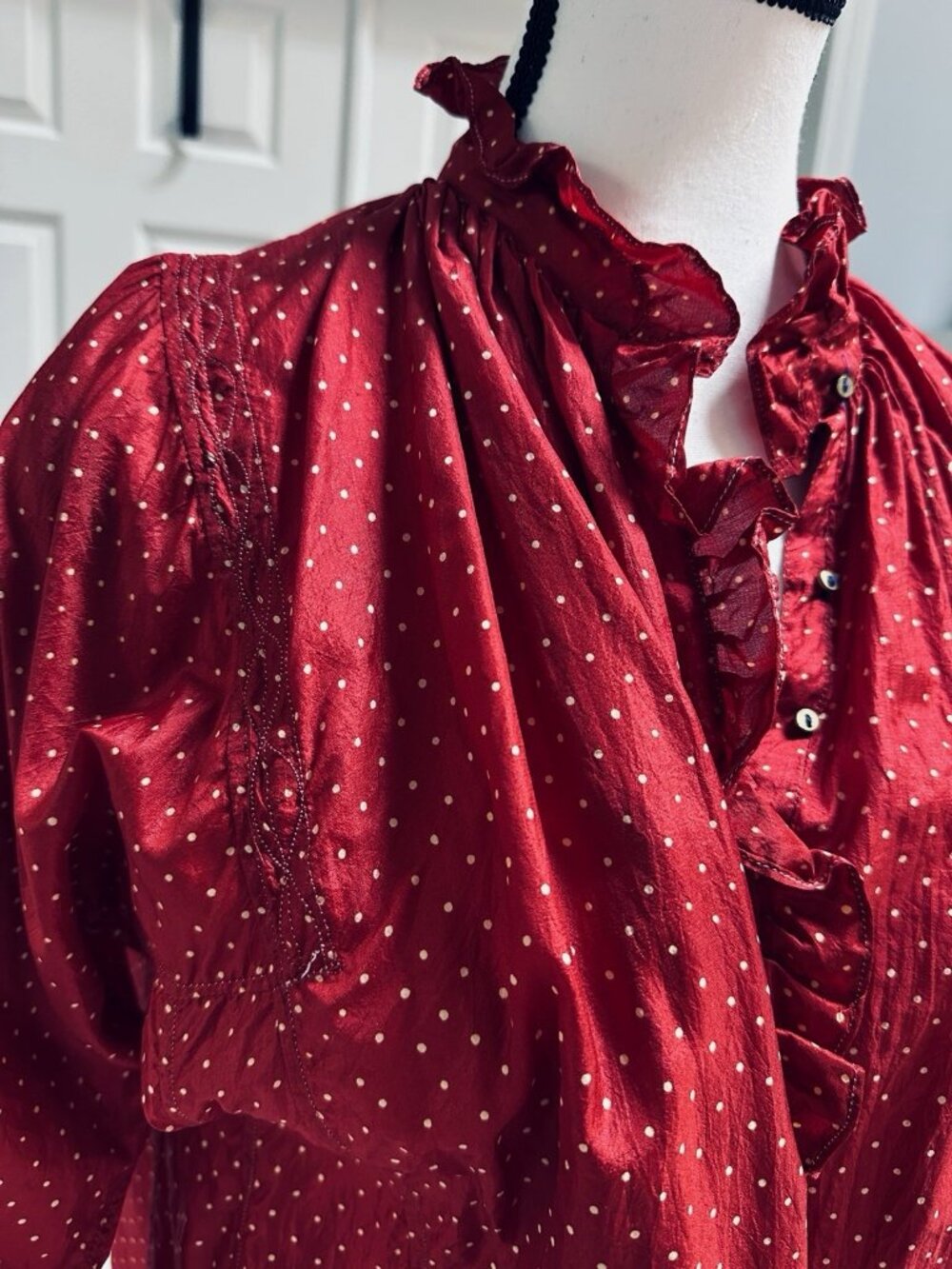INJIRI FW22-82 Ladies Silk Blouse Red Small Hand Woven Oversized Boho Tunic NWT - Picture 11 of 14